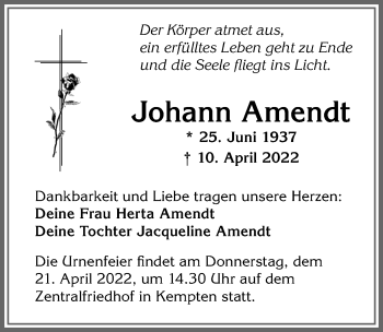 Traueranzeige von Johann Amendt von Allgäuer Zeitung,Kempten