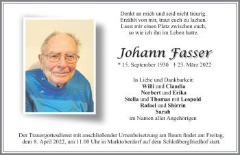 Traueranzeige von Johann Fasser von Allgäuer Zeitung, Marktoberdorf