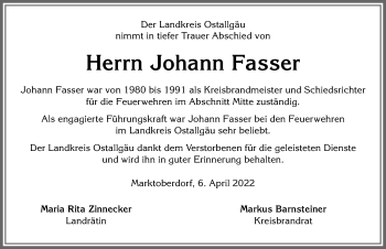 Traueranzeige von Johann Fasser von Allgäuer Zeitung, Kaufbeuren/Buchloe