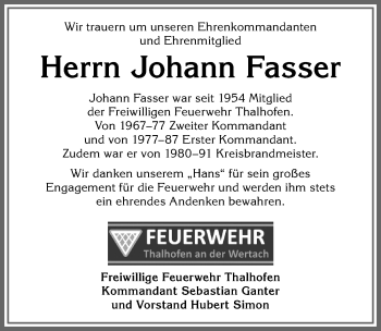 Traueranzeige von Johann Fasser von Allgäuer Zeitung, Marktoberdorf