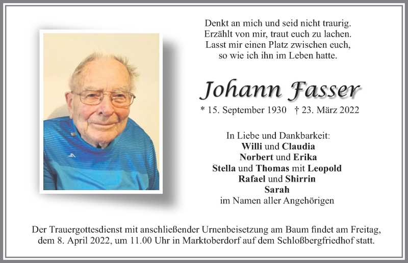  Traueranzeige für Johann Fasser vom 02.04.2022 aus Allgäuer Zeitung, Marktoberdorf