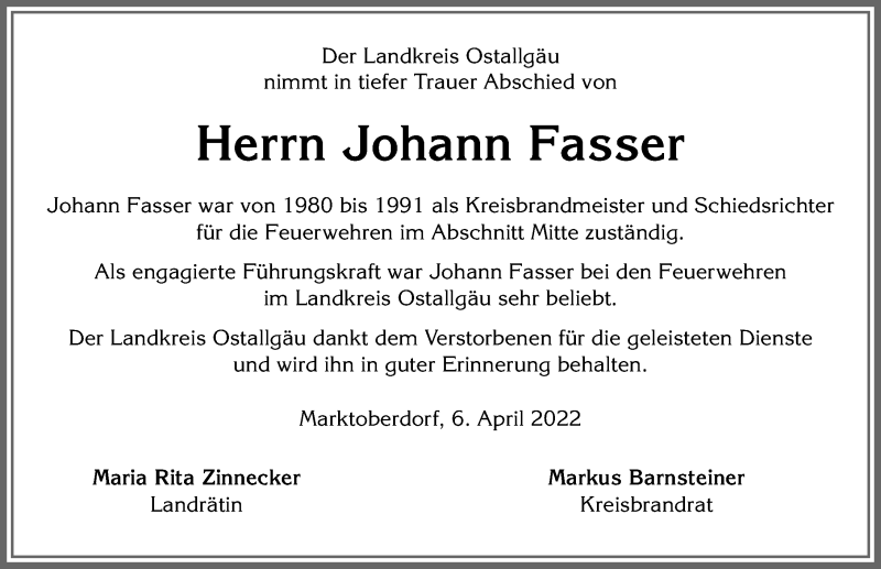  Traueranzeige für Johann Fasser vom 06.04.2022 aus Allgäuer Zeitung, Kaufbeuren/Buchloe