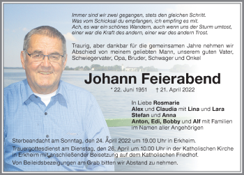 Traueranzeige von Johann Feierabend von Memminger Zeitung