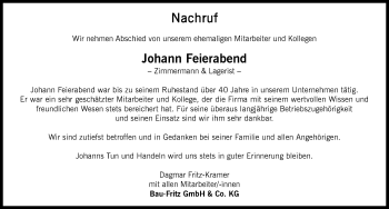 Traueranzeige von Johann Feierabend von Memminger Zeitung