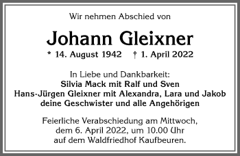 Traueranzeige von Johann Gleixner von Allgäuer Zeitung, Kaufbeuren/Buchloe