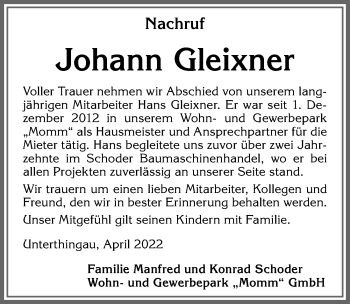 Traueranzeige von Johann Gleixner von Allgäuer Zeitung, Kaufbeuren/Buchloe