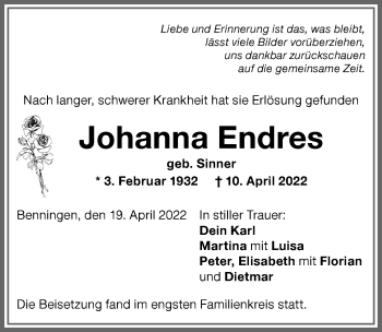 Traueranzeige von Johanna Endres von Memminger Zeitung