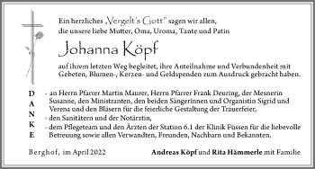 Traueranzeige von Johanna Köpf von Allgäuer Zeitung, Füssen