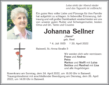 Traueranzeige von Johanna Sellner von Allgäuer Zeitung, Kaufbeuren/Buchloe