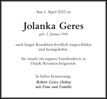 Traueranzeige von Jolanka Geres von Der Westallgäuer
