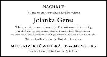 Traueranzeige von Jolanka Geres von Der Westallgäuer