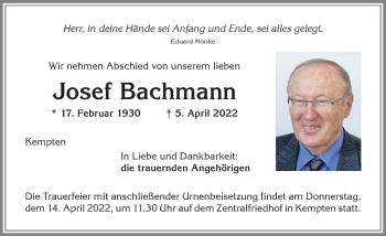 Traueranzeige von Josef Bachmann von Allgäuer Zeitung,Kempten