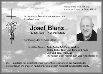 Traueranzeige von Josef Blanz von Allgäuer Anzeigeblatt