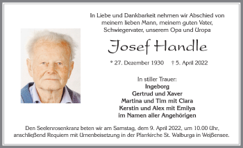 Traueranzeige von Josef Handle von Allgäuer Zeitung, Füssen