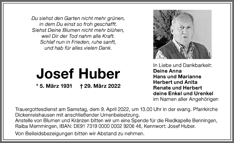  Traueranzeige für Josef Huber vom 06.04.2022 aus Memminger Zeitung