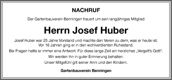 Traueranzeige von Josef Huber von Memminger Zeitung