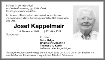 Traueranzeige von Josef Kappelmair von Memminger Zeitung