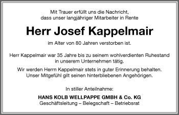 Traueranzeige von Josef Kappelmair von Memminger Zeitung