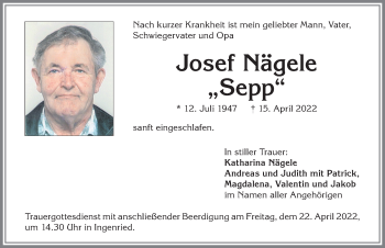 Traueranzeige von Josef Nägele von Allgäuer Zeitung, Kaufbeuren/Buchloe