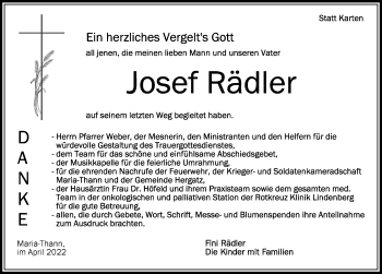 Traueranzeige von Josef Rädler von Der Westallgäuer