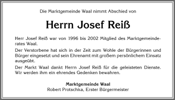 Traueranzeige von Josef Reiß von Allgäuer Zeitung, Kaufbeuren/Buchloe