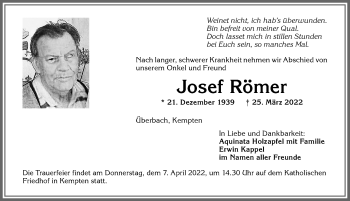 Traueranzeige von Josef Römer von Allgäuer Zeitung,Kempten