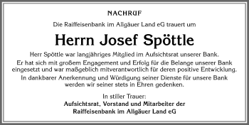 Traueranzeige von Josef Spöttle von Allgäuer Zeitung,Kempten