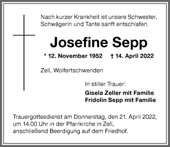 Traueranzeige von Josefine Sepp von Memminger Zeitung