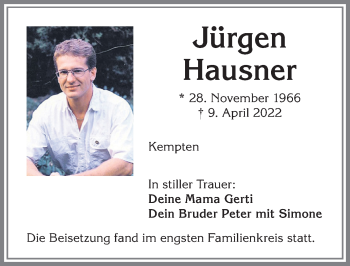 Traueranzeige von Jürgen Hausner von Allgäuer Zeitung,Kempten