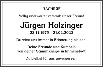 Traueranzeige von Jürgen Holzfinger von Allgäuer Anzeigeblatt