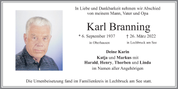 Traueranzeige von Karl Branning von Allgäuer Zeitung, Füssen