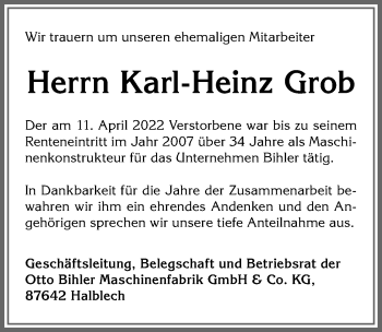 Traueranzeige von Karl-Heinz Grob von Allgäuer Zeitung, Füssen