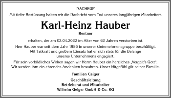 Traueranzeige von Karl-Heinz Hauber von Allgäuer Anzeigeblatt