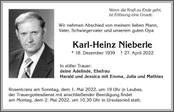 Traueranzeige von Karl-Heinz Nieberle von Allgäuer Zeitung,Kempten