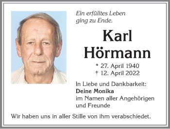 Traueranzeige von Karl Hörmann von Allgäuer Zeitung,Kempten