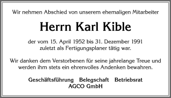 Traueranzeige von Karl Kible von Allgäuer Zeitung, Marktoberdorf