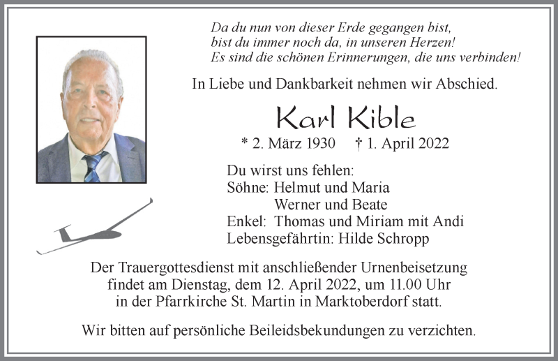  Traueranzeige für Karl Kible vom 07.04.2022 aus Allgäuer Zeitung, Marktoberdorf