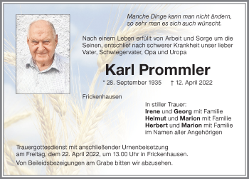 Traueranzeige von Karl Prommler von Memminger Zeitung