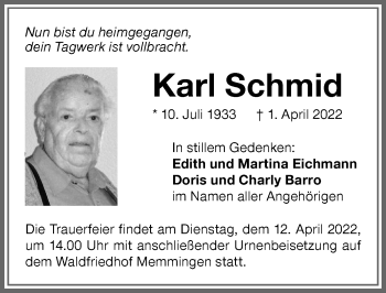 Traueranzeige von Karl Schmid von Memminger Zeitung