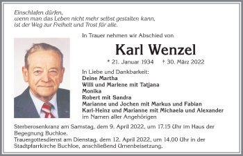 Traueranzeige von Karl Wenzel von Allgäuer Zeitung, Kaufbeuren/Buchloe