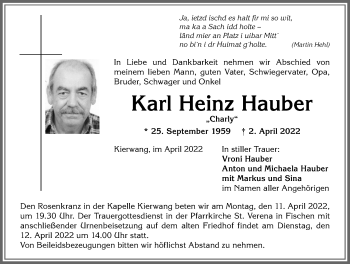 Traueranzeige von Karl Heinz Hauber von Allgäuer Anzeigeblatt