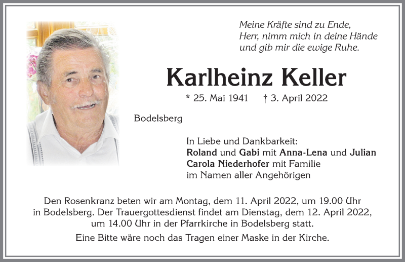  Traueranzeige für Karlheinz Keller vom 09.04.2022 aus Allgäuer Zeitung,Kempten