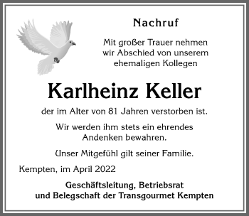 Traueranzeige von Karlheinz Keller von Allgäuer Zeitung,Kempten