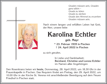 Traueranzeige von Karolina Echtler von Allgäuer Anzeigeblatt