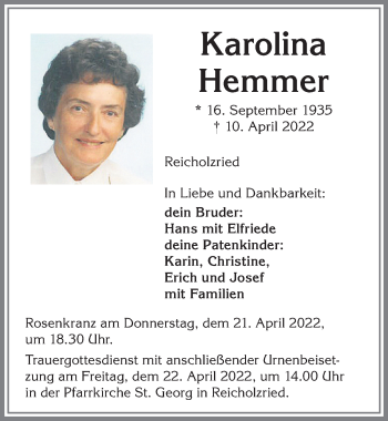 Traueranzeige von Karolina Hemmer von Allgäuer Zeitung,Kempten