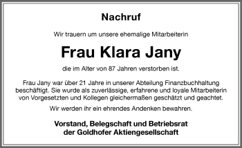 Traueranzeige von Klara Jany von Memminger Zeitung