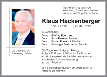Traueranzeige von Klaus Hackenberger von Memminger Zeitung