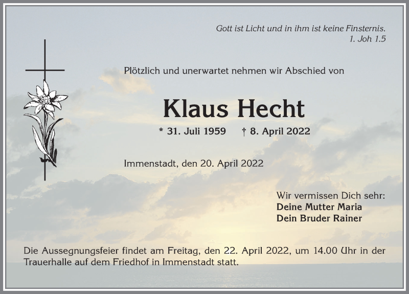  Traueranzeige für Klaus Hecht vom 20.04.2022 aus Allgäuer Anzeigeblatt