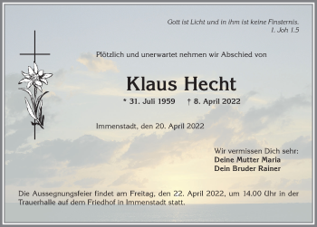 Traueranzeige von Klaus Hecht von Allgäuer Anzeigeblatt