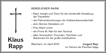 Traueranzeige von Klaus Rapp von Allgäuer Anzeigeblatt
